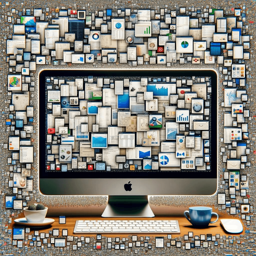 A Mac surrounded by many screenshots and visual files