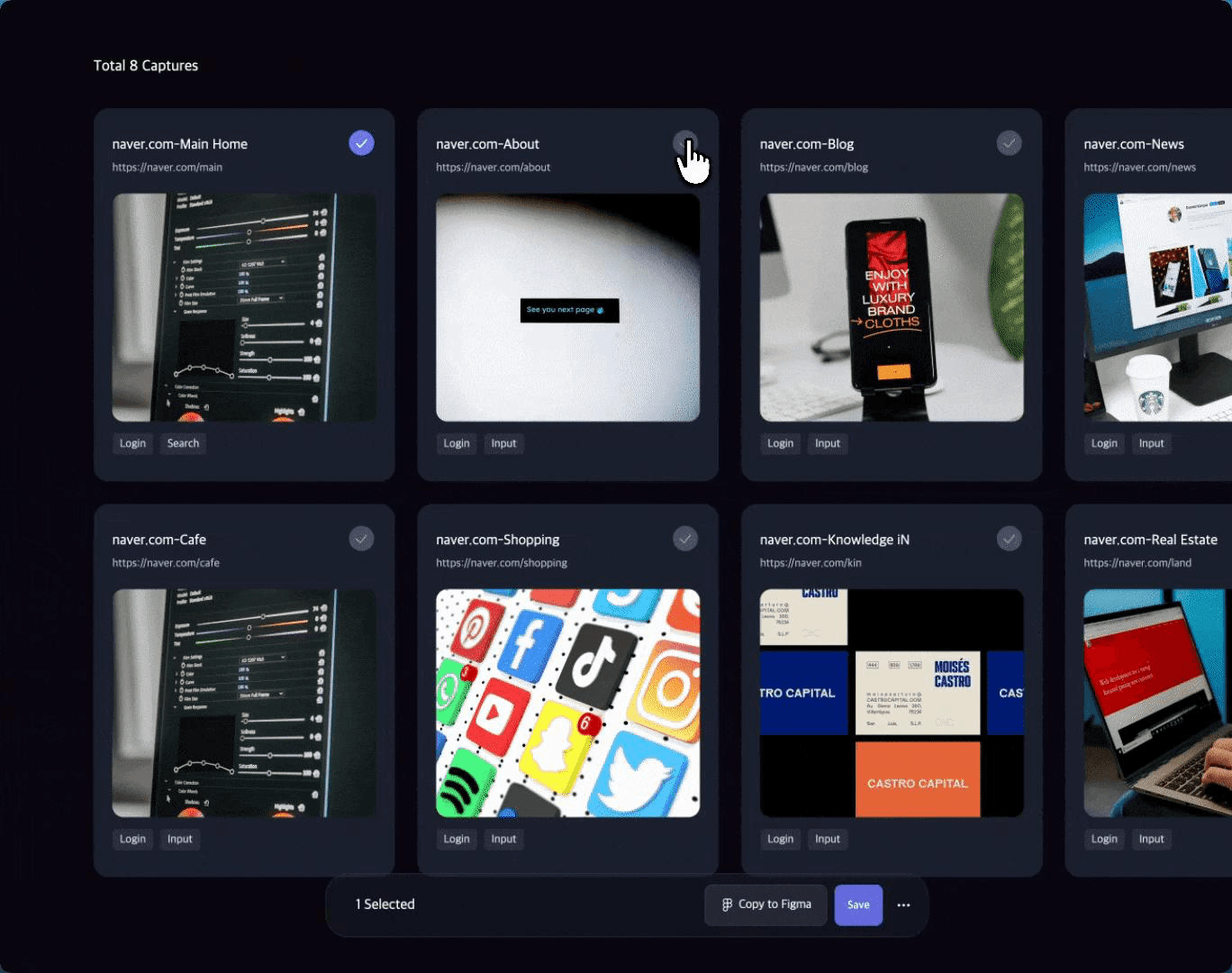 Visual capture board with multiple screenshot cards selected for organization