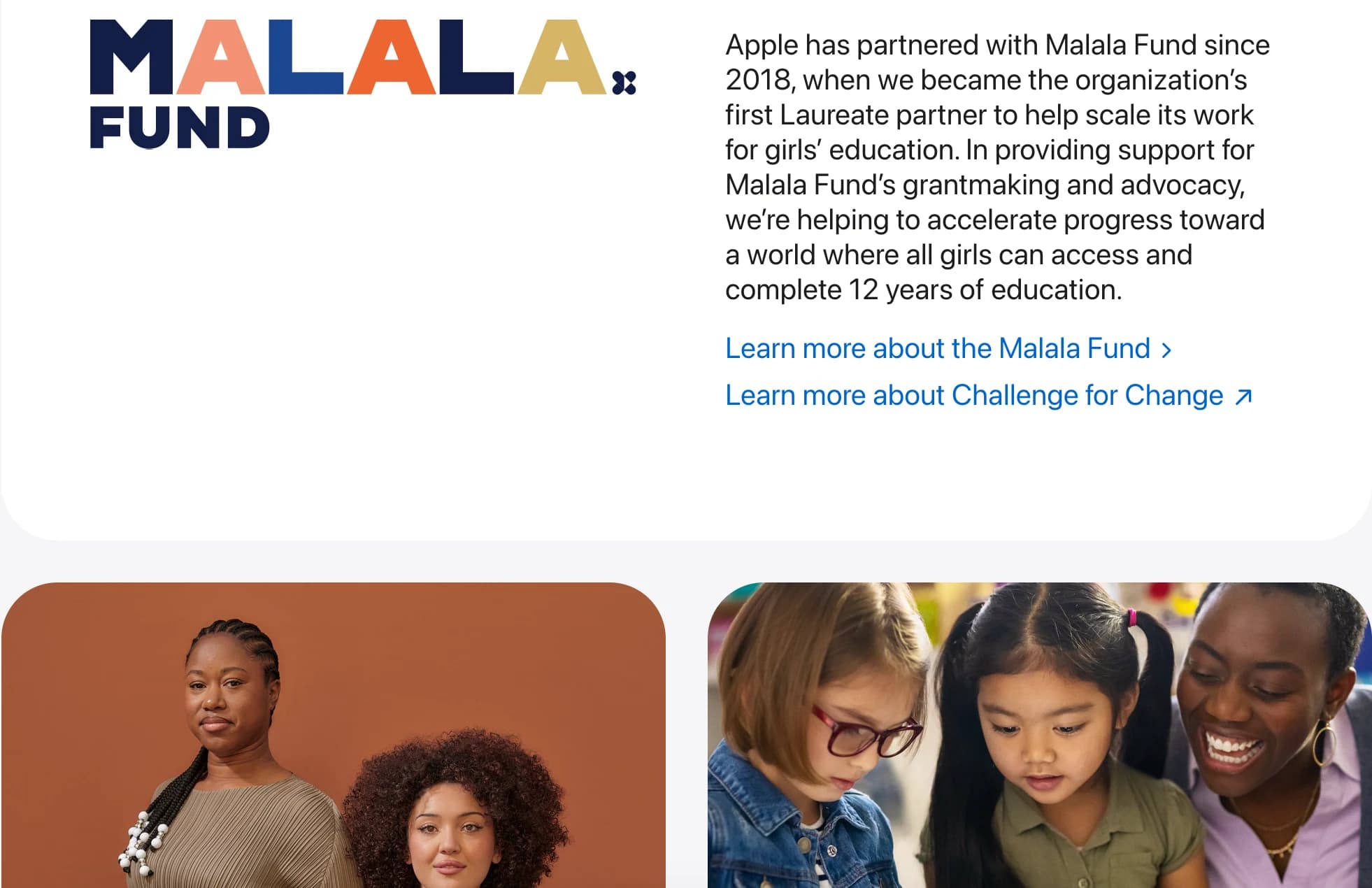 Malala Fund 页面当前可见区域的 Mac 截图