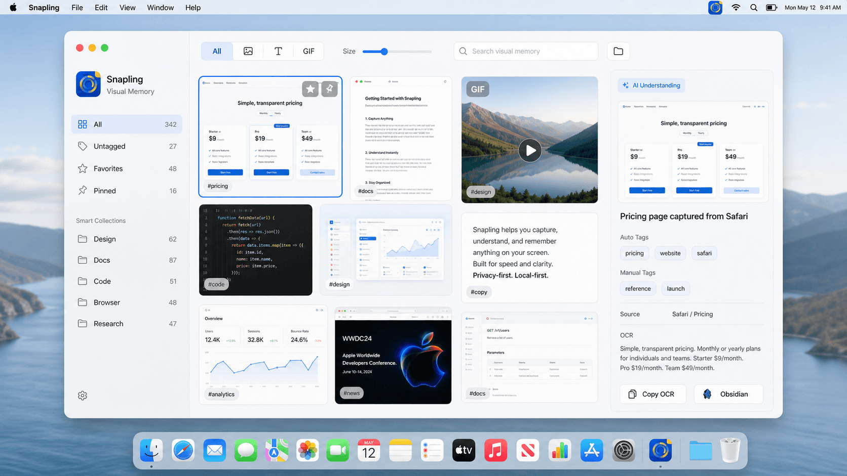 Snapling visual memory library showing searchable screenshots, GIFs, tags, OCR text and export actions